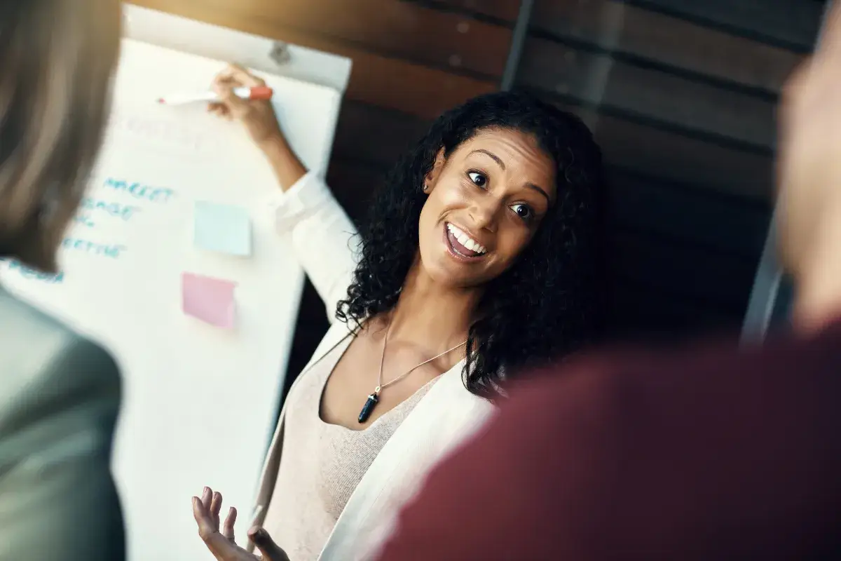 Professional presenting ideas on a whiteboard during a meeting